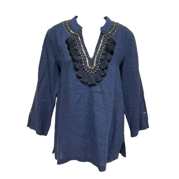 Amelia Island Linen Embroidered Top 3 4 Sleeve Designer By Lilly Pulitzer In Navy, Size: S Online